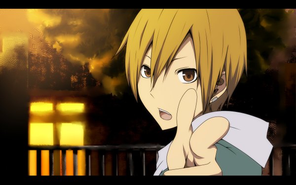 Anime picture 1280x800 with durarara!! brains base (studio) kida masaomi looking at viewer short hair open mouth wide image brown eyes pointing at viewer boy hood hoodie