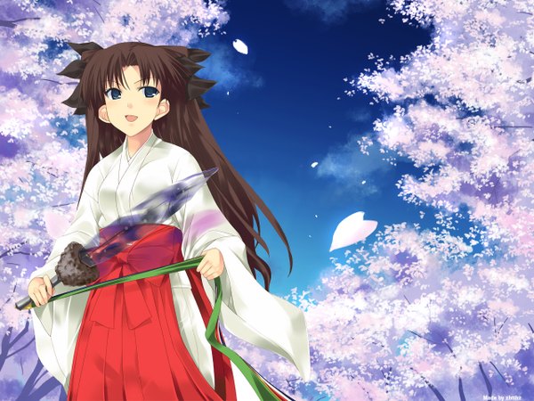 Anime picture 1280x960 with fate (series) fate/stay night studio deen type-moon toosaka rin japanese clothes miko