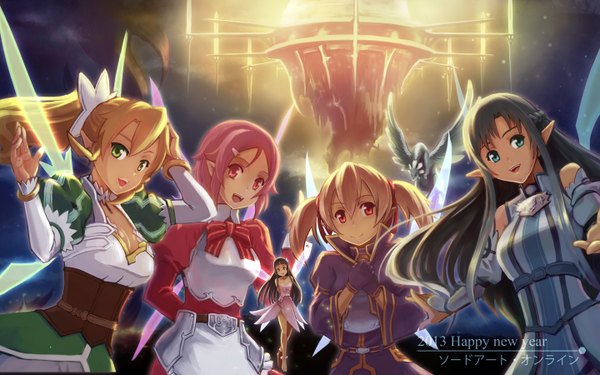 Anime picture 1440x900 with sword art online a-1 pictures yuuki asuna kirigaya suguha silica yui (sao) lisbeth pina (sao) tienao long hair short hair open mouth blonde hair red eyes wide image twintails multiple girls green eyes blue hair pink hair