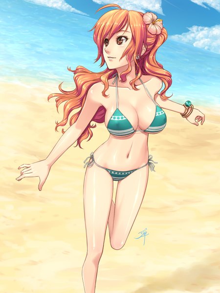 Anime picture 1080x1440 with one piece toei animation nami (one piece) dan (kumadan) single long hair tall image fringe breasts light erotic brown hair brown eyes looking away sky cloud (clouds) ponytail hair flower beach happy running