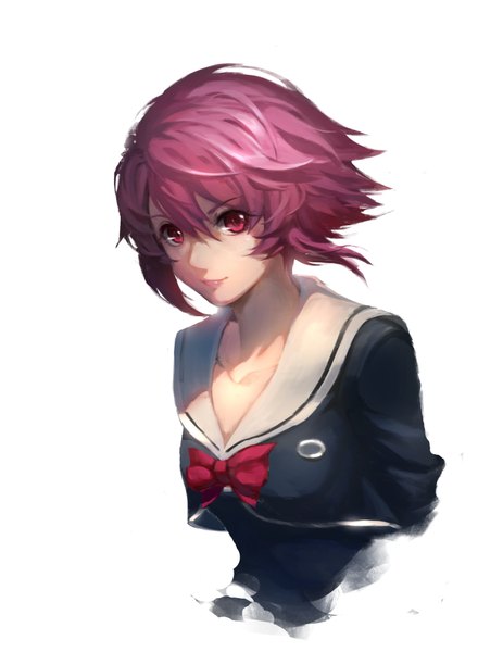 Anime picture 1280x1656 with chaos;child onoe serika sola7764 single tall image looking at viewer fringe short hair breasts red eyes large breasts white background pink hair wind portrait hands behind back girl uniform serafuku bowtie