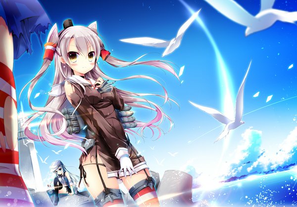 Anime picture 858x600 with kantai collection shimakaze destroyer hibiki destroyer amatsukaze destroyer verniy destroyer nanamomo rio long hair looking at viewer fringe blue eyes light erotic sitting multiple girls yellow eyes blue hair sky silver hair cloud (clouds) wind two side up