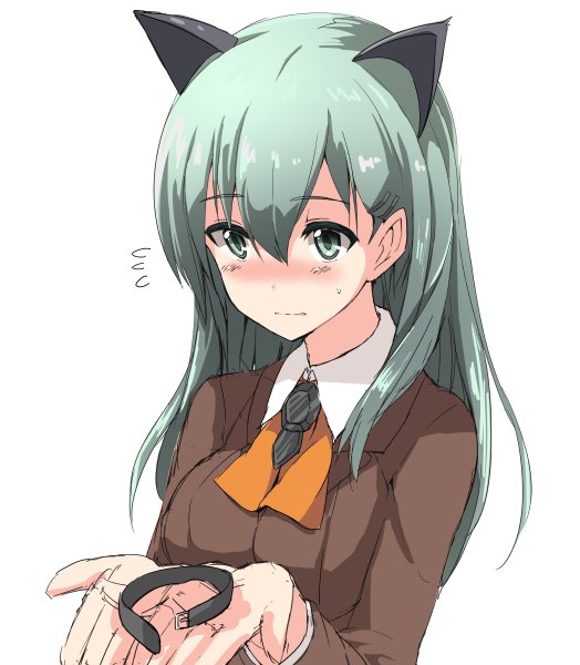 Anime picture 1047x1200 with kantai collection suzuya heavy cruiser noa (nagareboshi) single long hair tall image blush simple background white background animal ears looking away aqua eyes cat ears aqua hair kemonomimi mode girl uniform school uniform shirt necktie