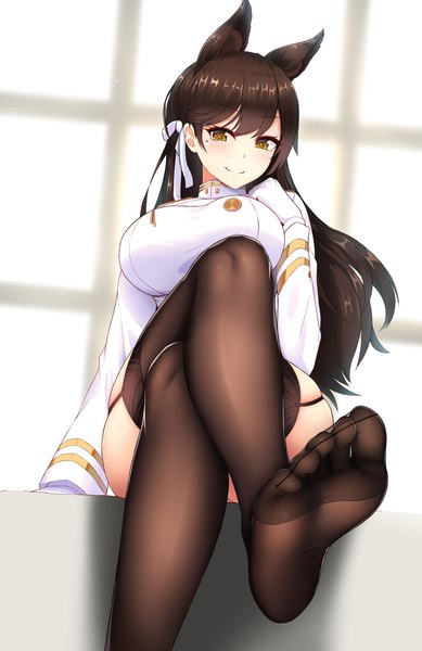 Anime picture 1500x2313 with azur lane atago (azur lane) nekoda (maoda) single long hair tall image looking at viewer blush fringe breasts light erotic smile brown hair large breasts sitting animal ears yellow eyes mole arm support no shoes