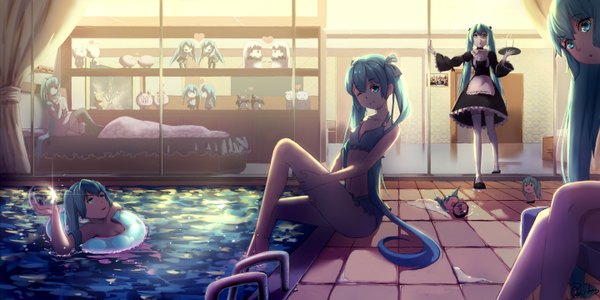 Anime picture 1440x720 with project diva f 2nd vocaloid hatsune miku pkq looking at viewer fringe breasts open mouth light erotic smile hair between eyes wide image standing sitting twintails holding payot looking away bent knee (knees) indoors