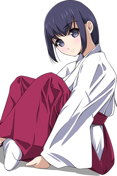 Anime picture 800x1200 with original matsunaga kouyou single tall image looking at viewer short hair blue eyes black hair simple background white background traditional clothes japanese clothes miko girl