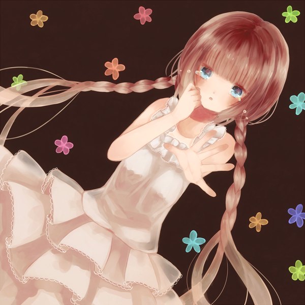 Anime picture 1000x1000 with ame usako single long hair blush open mouth blue eyes brown hair braid (braids) tears twin braids girl flower (flowers) sundress
