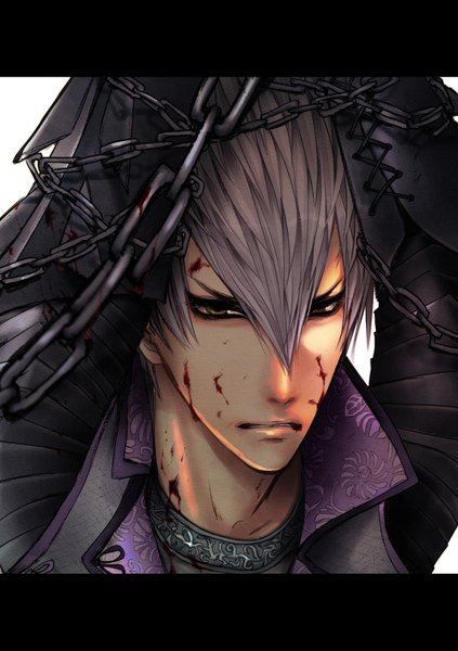 Anime picture 1200x1700 with sengoku basara production i.g mitsunari ishida meronica tall image short hair brown eyes silver hair grin letterboxed boy gloves armor blood chain