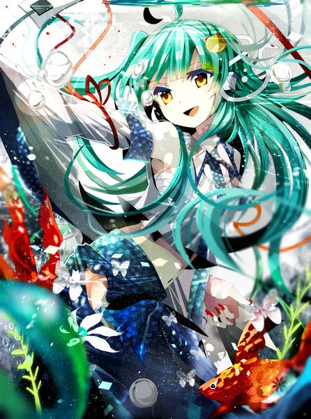 Anime picture 1797x2419 with touhou kochiya sanae fumiko (miruyuana) single long hair tall image highres open mouth yellow eyes looking away ahoge nail polish traditional clothes fingernails green hair depth of field miko girl skirt navel