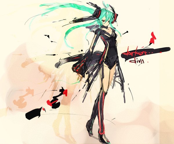 Anime picture 1442x1200 with vocaloid hatsune miku refeia single long hair red eyes twintails green hair girl detached sleeves thigh boots