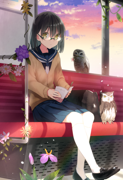 Anime picture 590x862 with original tika (mika4975) single tall image looking at viewer fringe short hair black hair sitting holding yellow eyes sky cloud (clouds) indoors pleated skirt shadow mouth hold expressionless reading twilight