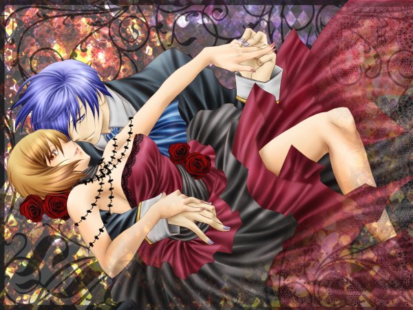 Anime picture 1200x900 with vocaloid kaito (vocaloid) meiko suiun jun looking at viewer fringe short hair brown hair bare shoulders brown eyes blue hair cleavage hair flower hair over one eye armpit (armpits) holding hands girl dress boy flower (flowers)