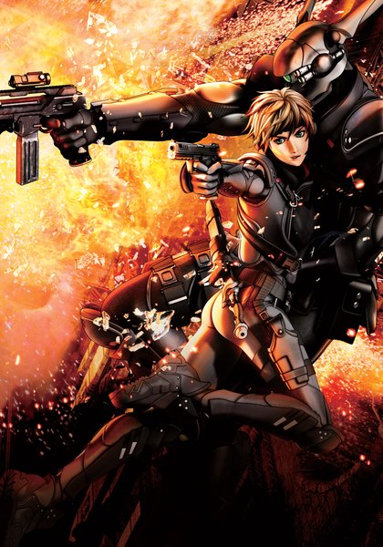 Anime picture 3154x4500 with appleseed deunan knute briareos hecatonchires shirou masamune tall image highres short hair blonde hair green eyes absurdres couple science fiction explosion cyberpunk girl weapon petals gun bodysuit knife