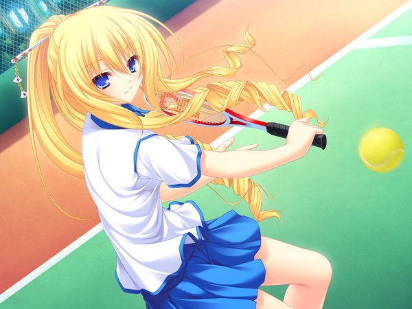 Anime picture 1600x1200 with neko koi! whirlpool (studio) koshimizu rei mikagami mamizu single long hair looking at viewer blush blue eyes blonde hair smile game cg ponytail drill hair tennis girl skirt hair ornament hairpin (hairpins)