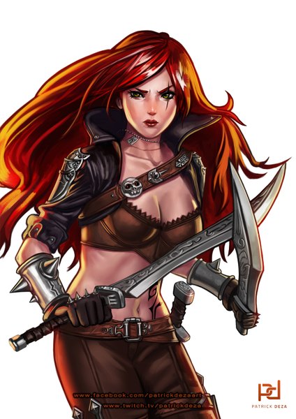 Anime picture 1024x1448 with league of legends katarina (league of legends) patrick deza long hair tall image breasts simple background white background green eyes red hair lips tattoo lipstick scar red lipstick girl navel weapon belt dagger