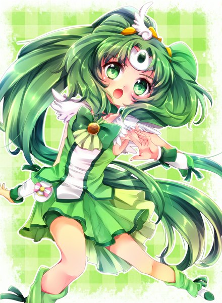 Anime picture 733x1000 with precure smile precure! toei animation midorikawa nao cure march uzuki aki single tall image looking at viewer blush open mouth simple background green eyes very long hair green hair plaid green background plaid background girl dress