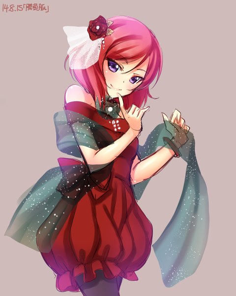 Anime picture 1240x1550 with love live! school idol project sunrise (studio) love live! nishikino maki yu-ta single tall image blush short hair breasts simple background smile purple eyes bare shoulders red hair hair flower finger to mouth glow girl dress