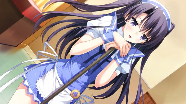 Anime picture 1920x1080 with berry's morikubo yuna suzuhira hiro single long hair looking at viewer blush highres open mouth black hair wide image standing twintails purple eyes game cg maid dutch angle bored girl dress