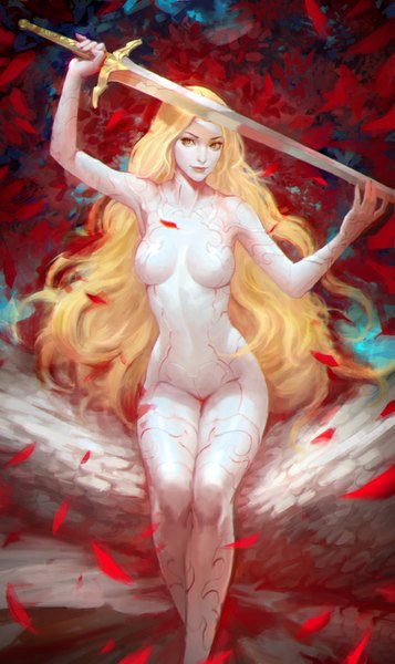 Anime picture 566x950 with original kilart (artist) single long hair tall image light erotic blonde hair sitting holding yellow eyes looking away bent knee (knees) nail polish fingernails arms up lipstick crossed legs covered navel red lipstick fantasy