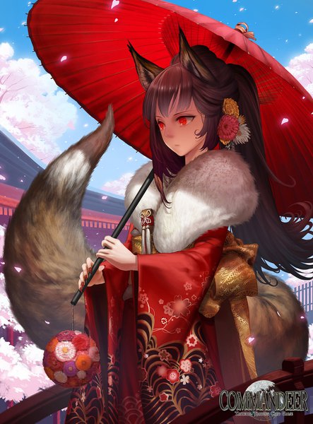 Anime picture 1024x1385 with commandeer (card game) ichibi no yoko (commandeer) stcygnus single long hair tall image red eyes standing holding animal ears payot looking away purple hair outdoors ponytail tail nail polish traditional clothes japanese clothes animal tail