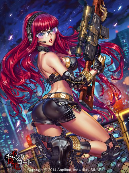 Anime picture 940x1253 with furyou michi ~gang road~ sinad aruatjanapat single long hair tall image looking at viewer fringe light erotic standing bare shoulders holding green eyes signed bent knee (knees) ass red hair night night sky turning head city
