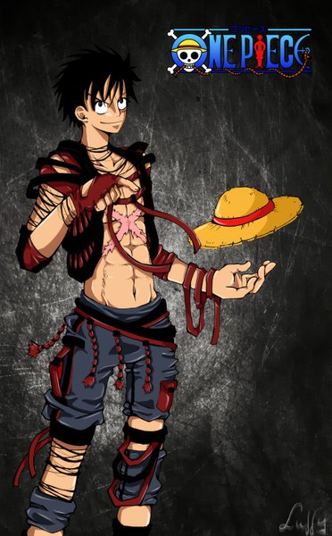 Anime picture 900x1451 with one piece toei animation monkey d. luffy zippi44 single tall image fringe short hair black hair simple background smile standing inscription bare belly alternate costume copyright name character names outstretched arm looking up scar