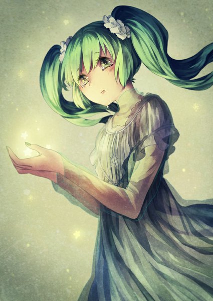 Anime picture 708x1000 with vocaloid hatsune miku yuji kazakiri single long hair tall image blush twintails green eyes looking away parted lips green hair from below tears light girl dress star (symbol) transparent clothing scrunchie