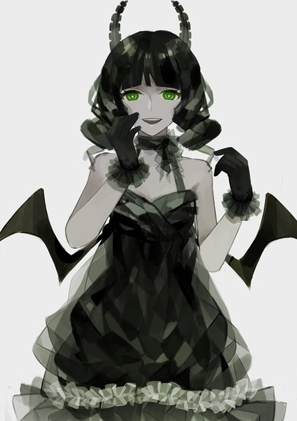 Anime picture 640x905 with black rock shooter dead master rukun00 single tall image looking at viewer fringe short hair open mouth black hair simple background bare shoulders green eyes blunt bangs horn (horns) grey background drill hair girl dress gloves