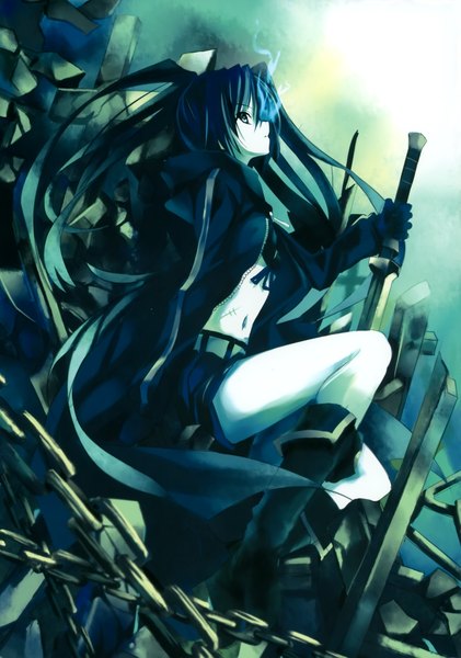 Anime picture 2556x3639 with black rock shooter black rock shooter (character) shino (eefy) single long hair tall image highres blue eyes black hair sitting twintails profile scan midriff glowing flat chest scar glowing eye (eyes) pale skin girl