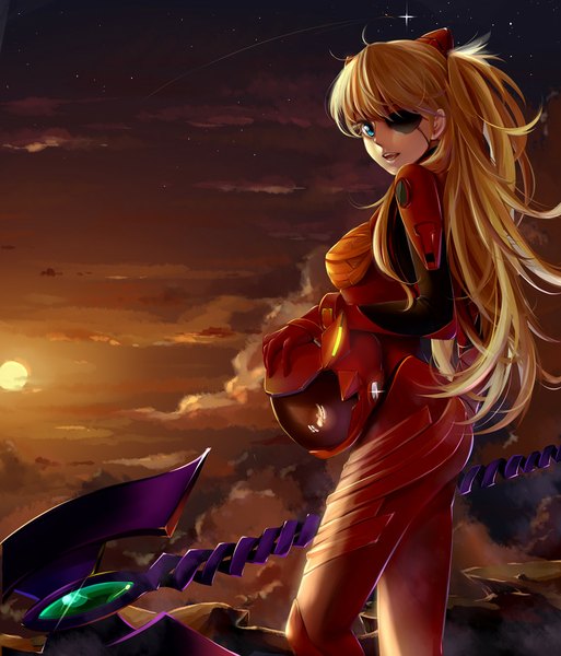 Anime picture 900x1052 with neon genesis evangelion rebuild of evangelion evangelion: 2.0 you can (not) advance evangelion: 3.0 you can (not) redo gainax soryu asuka langley shikinami asuka langley yunsang single long hair tall image looking at viewer open mouth blue eyes blonde hair cloud (clouds) girl hair ornament weapon star (stars)