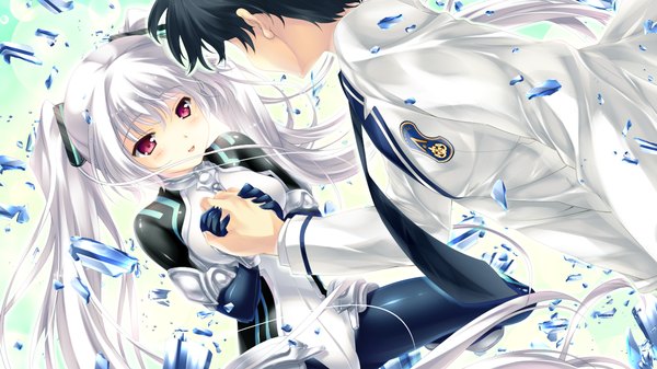 Anime picture 1280x720 with love 2 quad (game) tsukuba mirai naruse hirofumi long hair black hair red eyes wide image twintails game cg white hair girl boy