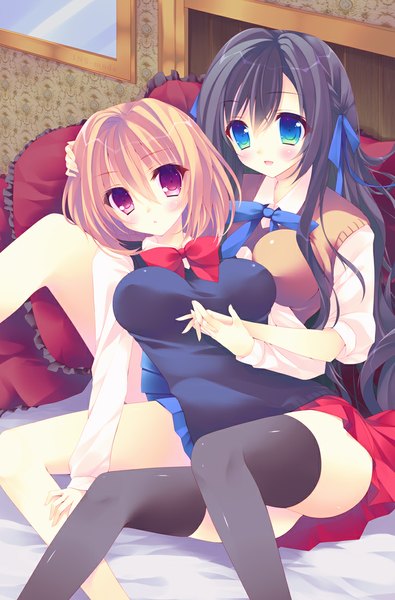 Anime picture 725x1100 with original amanagi seiji long hair tall image blush short hair breasts open mouth blue eyes light erotic black hair red eyes brown hair large breasts multiple girls shoujo ai girl thighhighs skirt ribbon (ribbons)