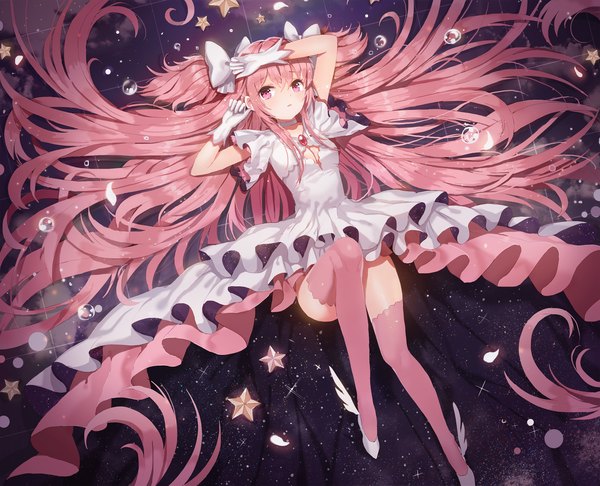 Anime picture 1500x1215 with mahou shoujo madoka magica shaft (studio) kaname madoka goddess madoka dangmill single breasts twintails looking away pink hair bent knee (knees) lying very long hair pink eyes from above on back short twintails hand on head starry sky print girl