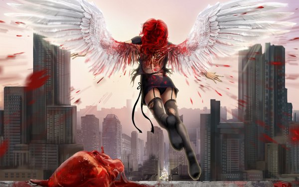 Anime picture 2560x1600 with original darianaloki single long hair highres wide image red hair back city soles cityscape angel wings angel falling girl thighhighs underwear panties black thighhighs wings