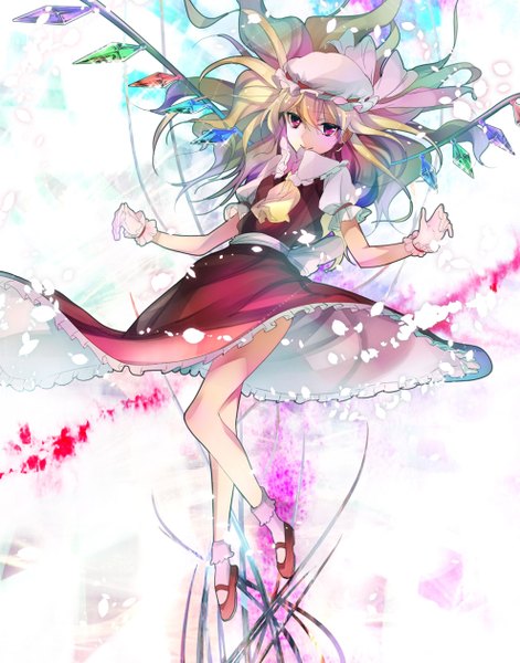 Anime picture 990x1262 with touhou flandre scarlet ancomomomo single long hair tall image looking at viewer blonde hair smile pink eyes girl skirt gloves wings white gloves bonnet skirt set crystal