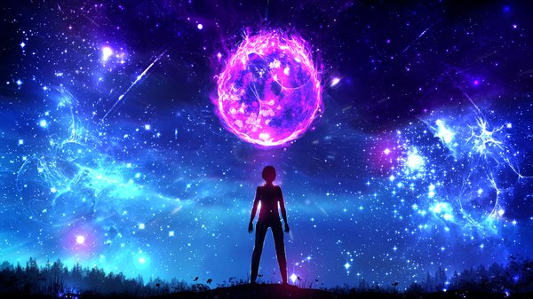 Anime picture 2560x1440 with original ryky single highres short hair wide image standing sky full body night sparkle wallpaper night sky silhouette shooting star girl plant (plants) tree (trees) star (stars) grass