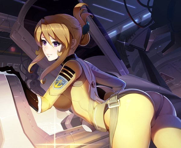 Anime picture 1221x1000 with uchuu senkan yamato yuki mori vmax-ver (a3eilm2s2y) single long hair fringe breasts light erotic blonde hair smile large breasts purple eyes looking away leaning leaning forward girl gloves uniform hair ornament black gloves