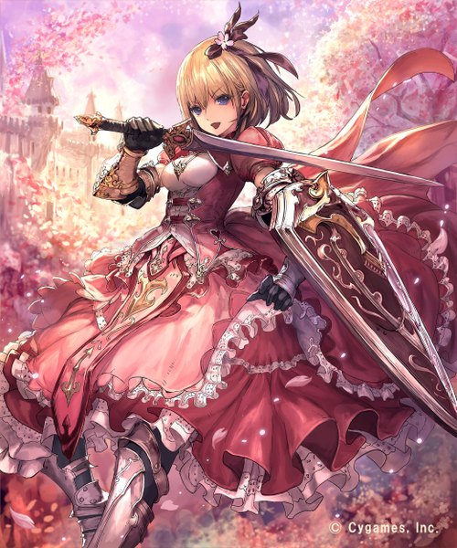 Anime picture 2083x2500 with shingeki no bahamut tachikawa mushimaro (bimo) single tall image looking at viewer fringe highres short hair open mouth blue eyes blonde hair sky outdoors hair flower wind midriff cherry blossoms underbust jpeg artifacts knight