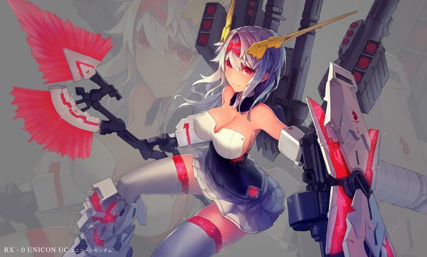 Anime picture 1658x1000 with original zomoto (graytone) single looking at viewer fringe short hair breasts light erotic red eyes wide image large breasts bare shoulders purple hair bent knee (knees) zoom layer mechanical girl thighhighs dress hair ornament