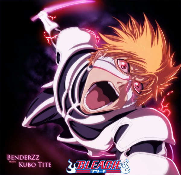 Anime picture 1000x967 with bleach studio pierrot kurosaki ichigo benderzz single short hair open mouth red eyes orange hair inscription coloring magic screaming boy weapon sword armor katana