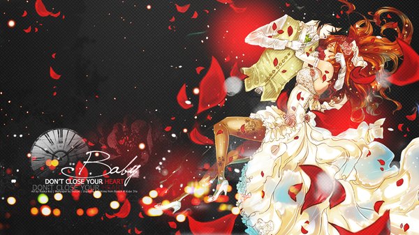 Anime picture 1920x1080 with bleach studio pierrot inoue orihime ulquiorra schiffer long hair highres short hair black hair wide image red hair eyes closed hair flower espada dress hair ornament petals shoes white dress vest