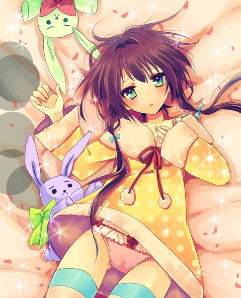 Anime picture 1700x2100 with original tagme (artist) single long hair tall image blush open mouth light erotic green eyes purple hair girl thighhighs underwear panties bow hair bow pantyhose bed toy stuffed animal