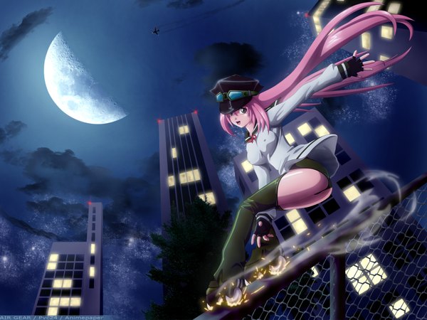 Anime picture 1600x1200 with air gear toei animation simca long hair breasts light erotic pink hair sky night city hat moon sunglasses