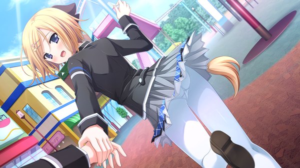 Anime picture 1920x1080 with imouto no okage de mote sugite yabai mizunashi miya ikegami akane blush fringe highres short hair open mouth blue eyes light erotic blonde hair wide image game cg bent knee (knees) outdoors looking back from behind dutch angle soles pov
