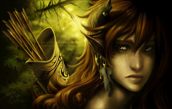Anime picture 1650x1050 with original lone momo (artist) long hair yellow eyes red hair realistic close-up elf 3d girl tree (trees) jewelry forest bow (weapon) arrow (arrows)