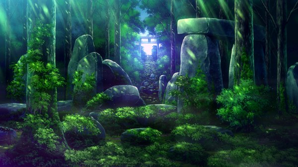 Anime picture 2048x1152 with hotarubi no mori e tsukumo no kanade skyfish (studio) highres wide image sunlight no people plant (plants) tree (trees) leaf (leaves) forest stairs stone (stones) shrine