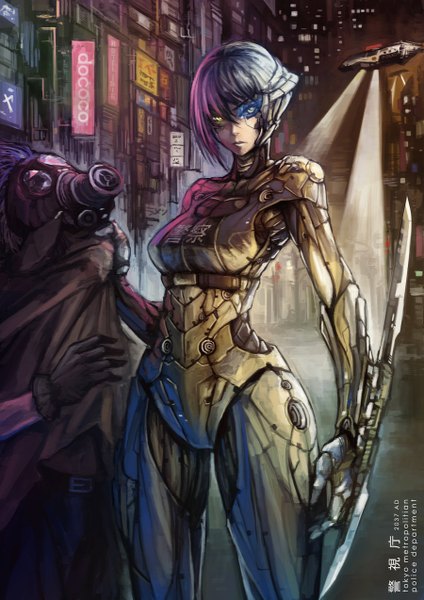 Anime picture 900x1273 with original tokio (character) haimerejzero tall image looking at viewer short hair yellow eyes silver hair heterochromia text city glowing cityscape glowing eye (eyes) science fiction cyberpunk police girl boy gloves