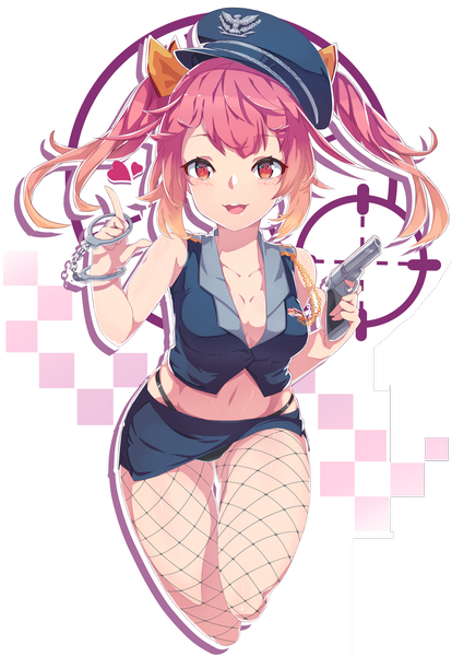 Anime picture 1000x1449 with original dev (dev0614) single long hair tall image looking at viewer blush breasts open mouth light erotic smile twintails bare shoulders pink hair cleavage pink eyes bare belly checkered policewoman girl
