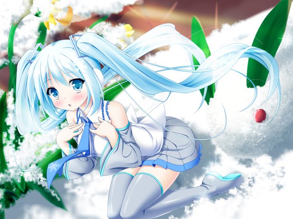 Anime picture 1600x1200 with vocaloid hatsune miku yuki miku yuki miku (2010) single long hair blush blue eyes twintails bare shoulders blue hair snow girl thighhighs skirt hair ornament detached sleeves miniskirt necktie snowflake hair ornament