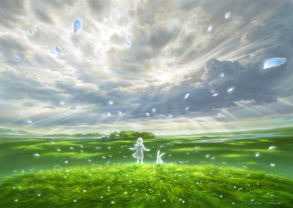 Anime picture 1200x855 with shirakaba toshiharu (artist) single sky cloud (clouds) sunlight landscape river girl dress plant (plants) petals white dress grass bunny